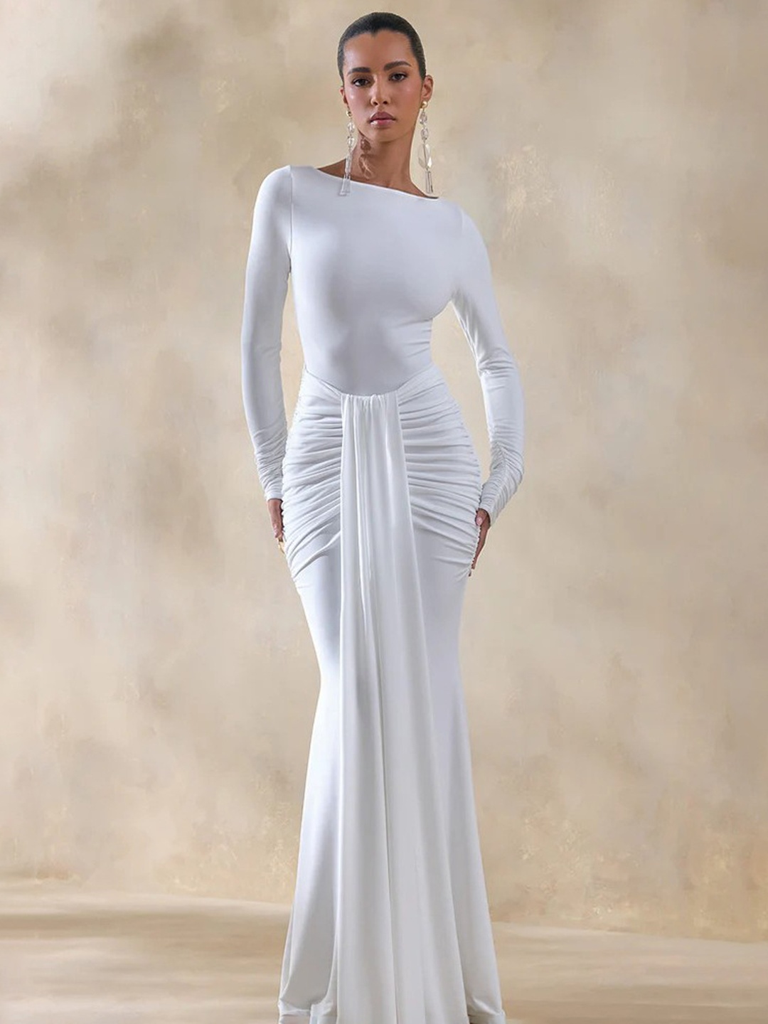 White Long Sleeve Ruched Mermaid Maxi Dress