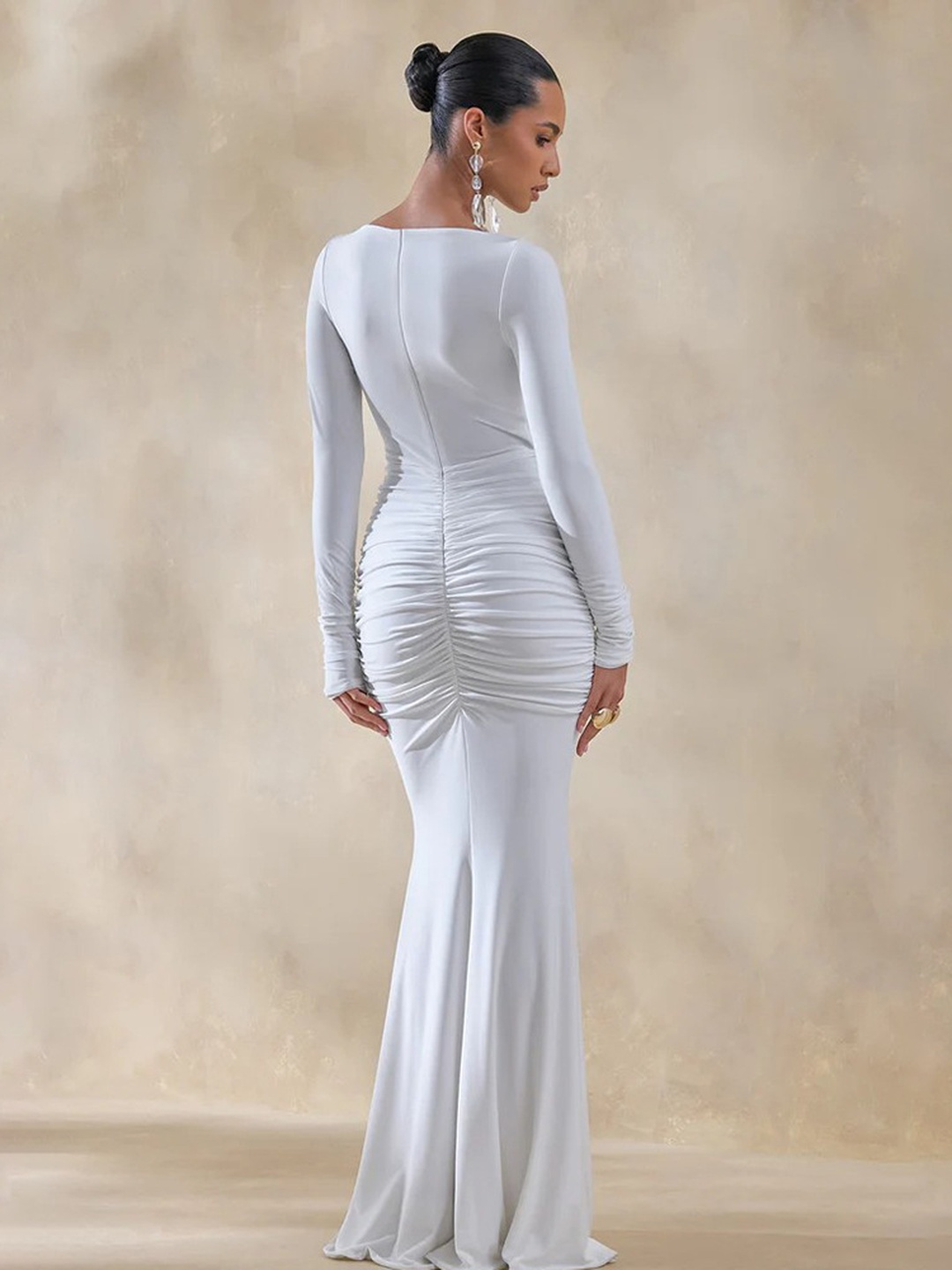 White Long Sleeve Ruched Mermaid Maxi Dress