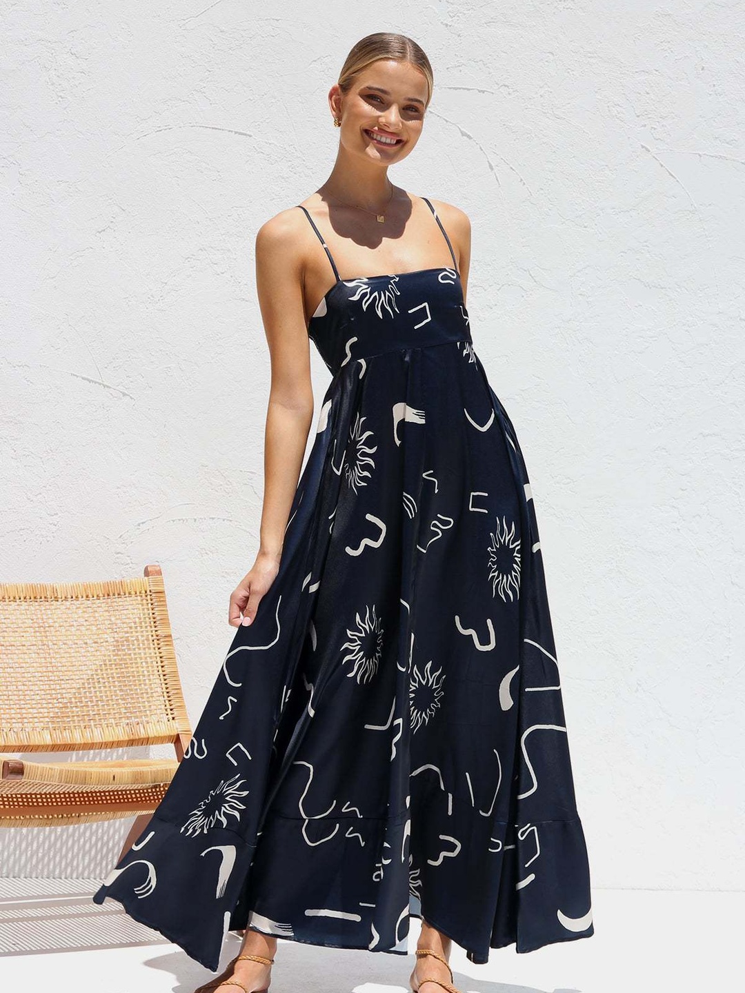 Navy Abstract Print A-Line Maxi Dress with Strappy Neckline