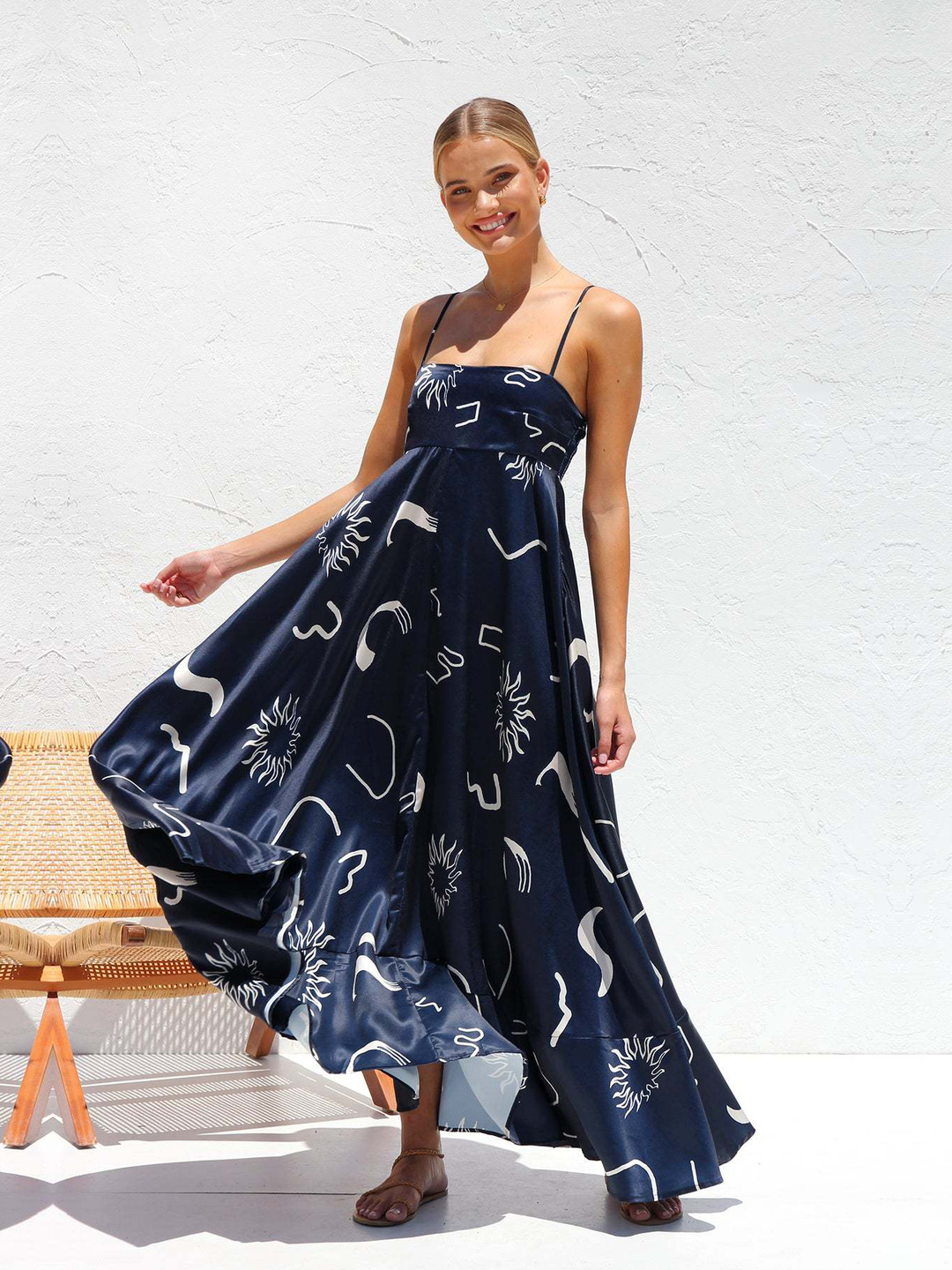Navy Abstract Print A-Line Maxi Dress with Strappy Neckline
