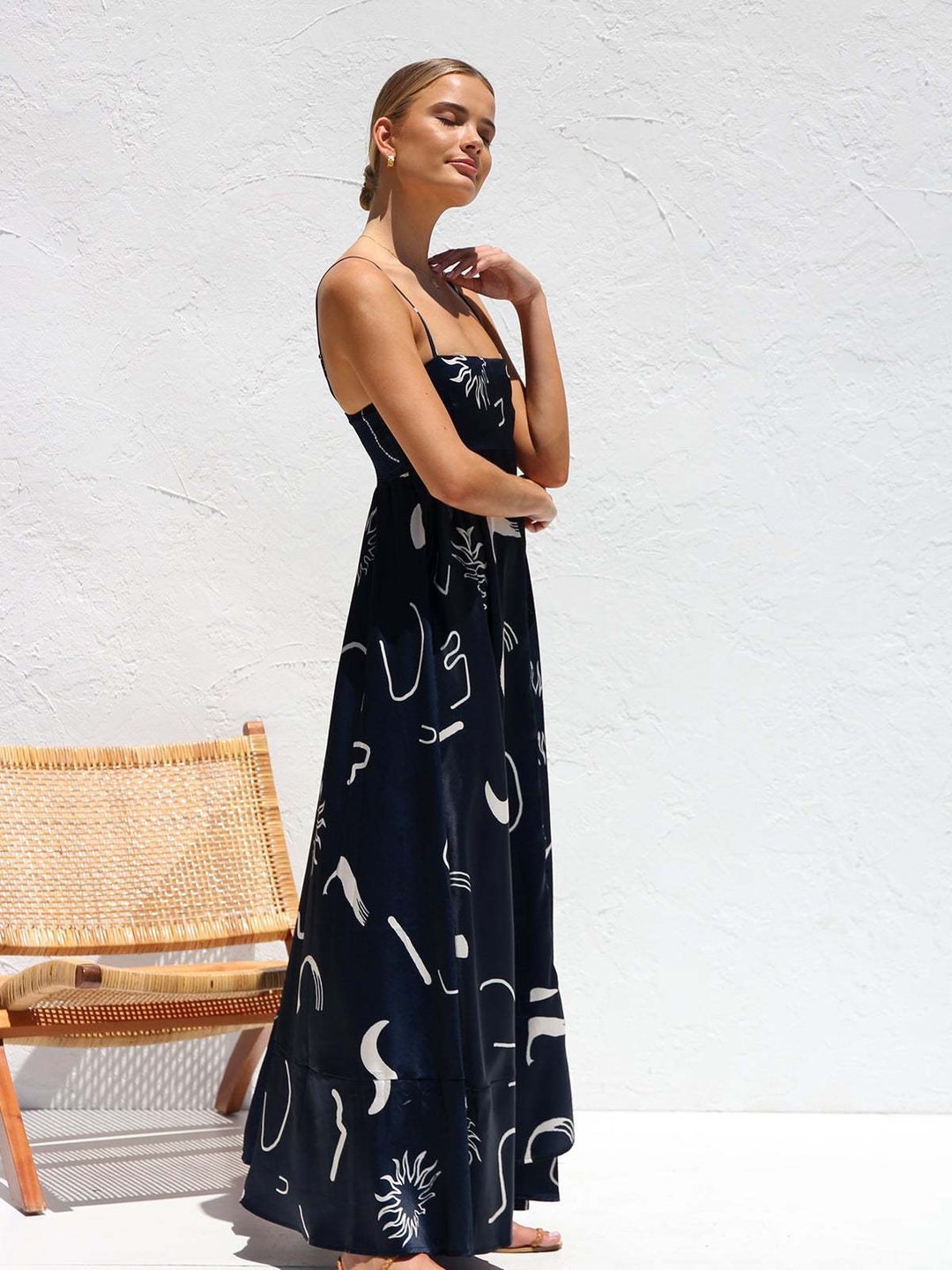 Navy Abstract Print A-Line Maxi Dress with Strappy Neckline