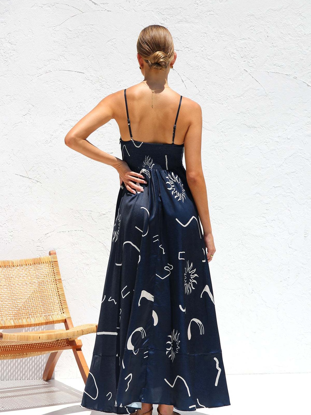 Navy Abstract Print A-Line Maxi Dress with Strappy Neckline