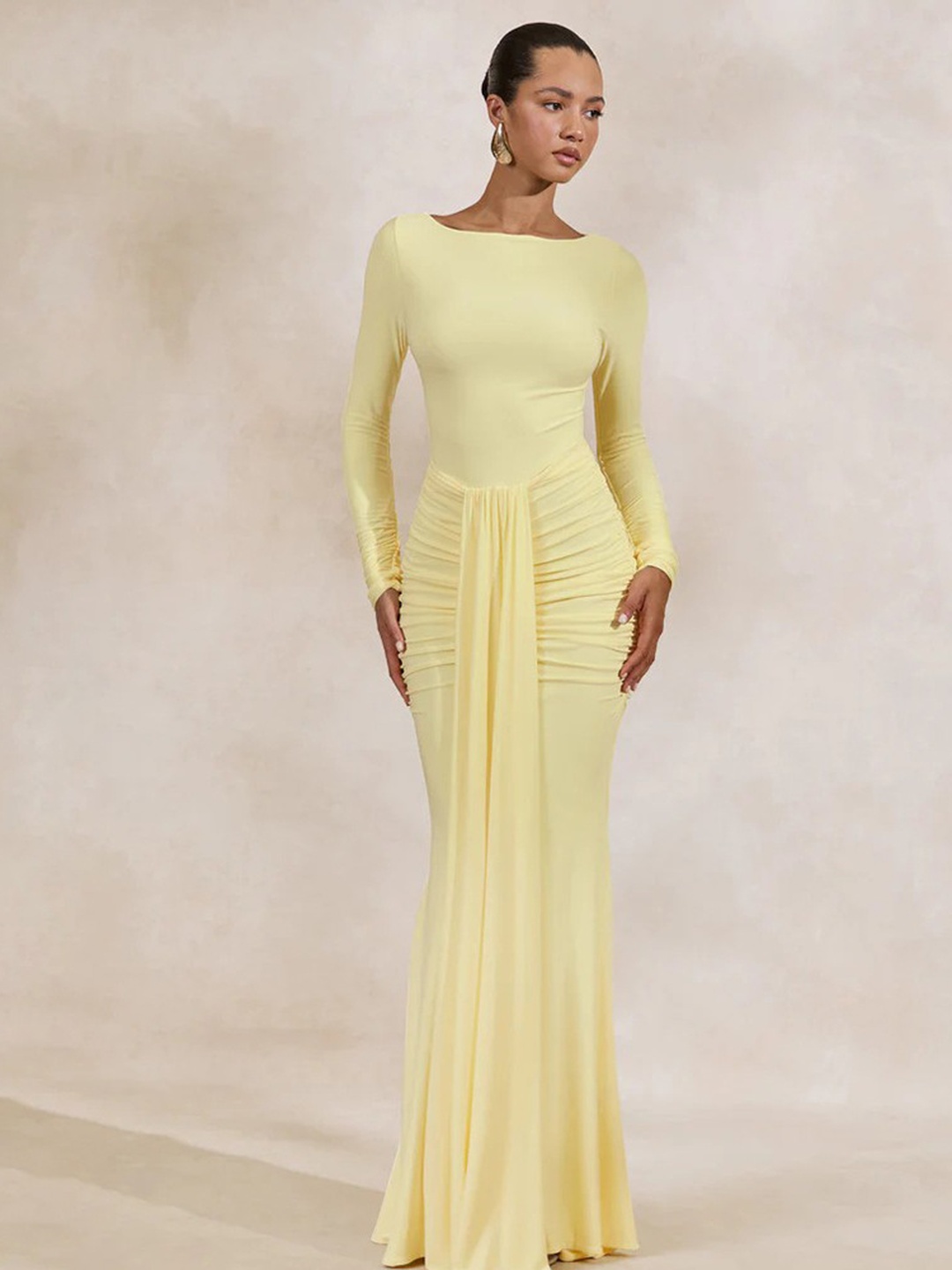 Pale Yellow Mermaid Maxi Dress with Long Sleeves