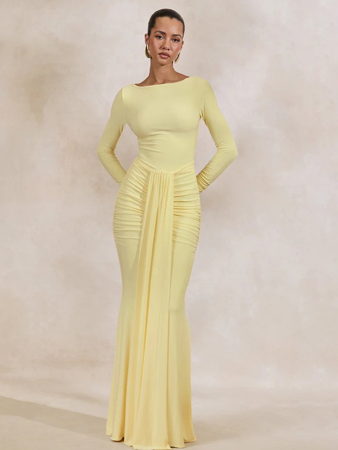 Pale Yellow Mermaid Maxi Dress with Long Sleeves