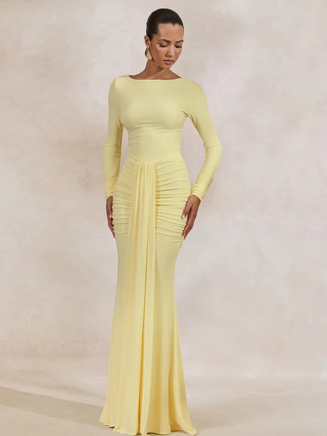 Pale Yellow Mermaid Maxi Dress with Long Sleeves
