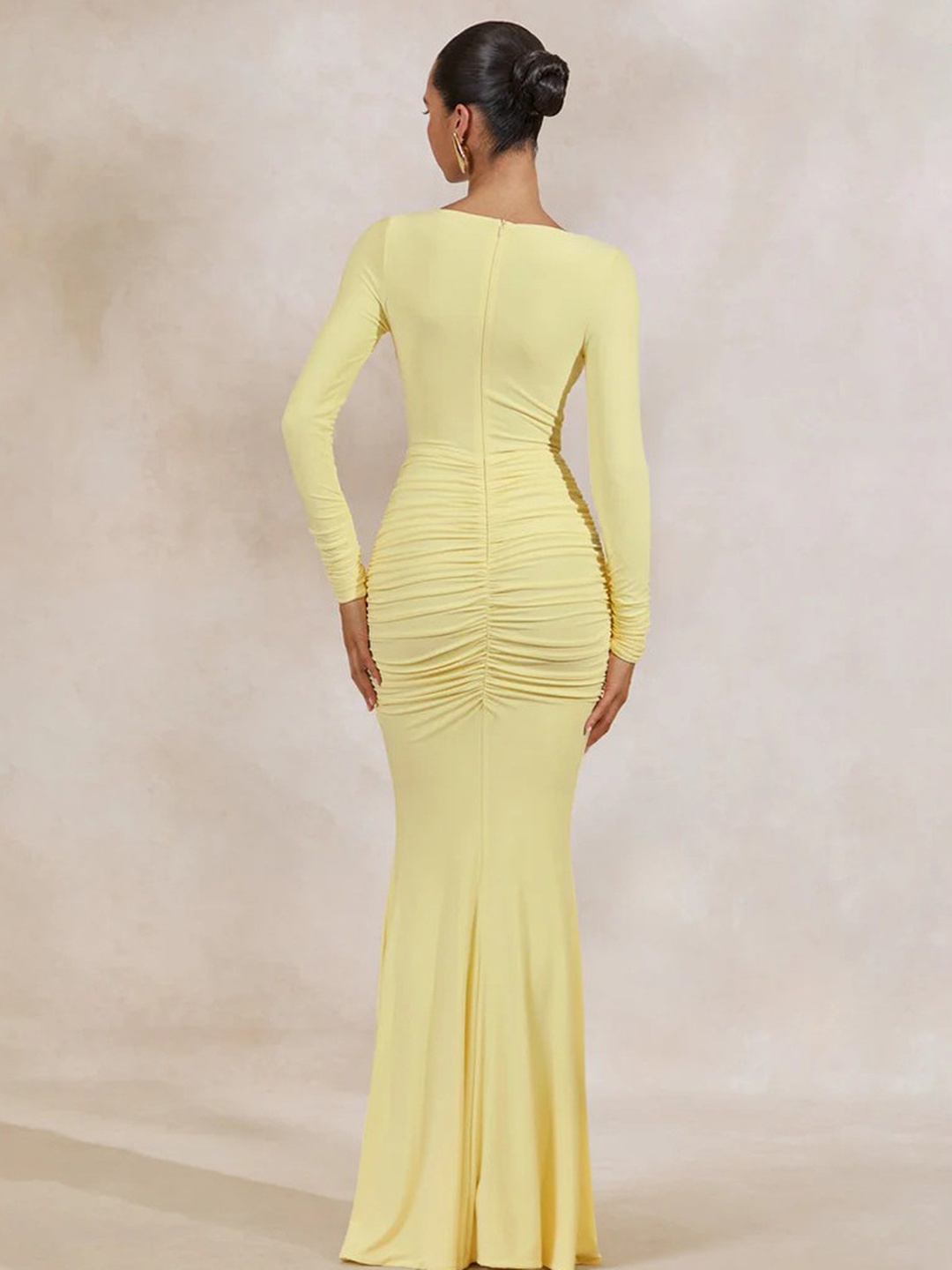 Pale Yellow Mermaid Maxi Dress with Long Sleeves