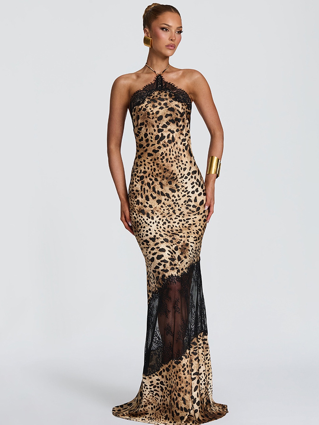 Brown Animal Print Halter Maxi Dress with Sheer Lace