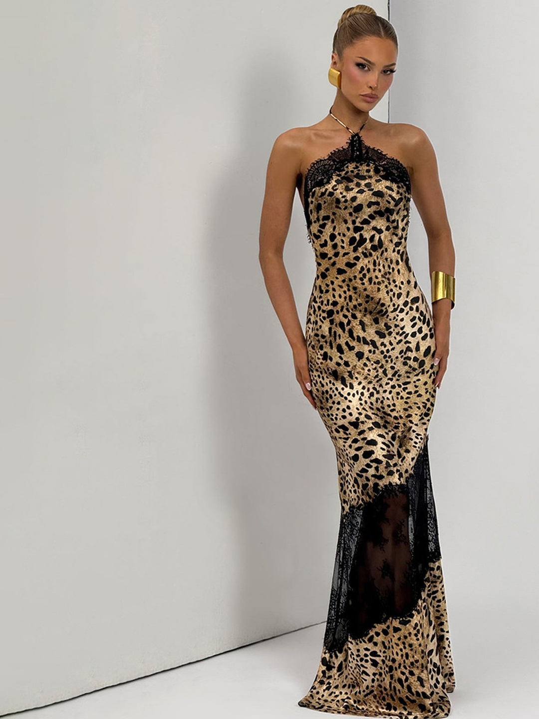 Brown Animal Print Halter Maxi Dress with Sheer Lace