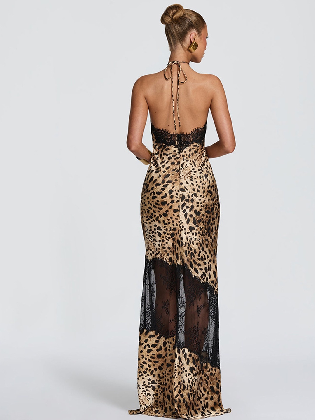 Brown Animal Print Halter Maxi Dress with Sheer Lace