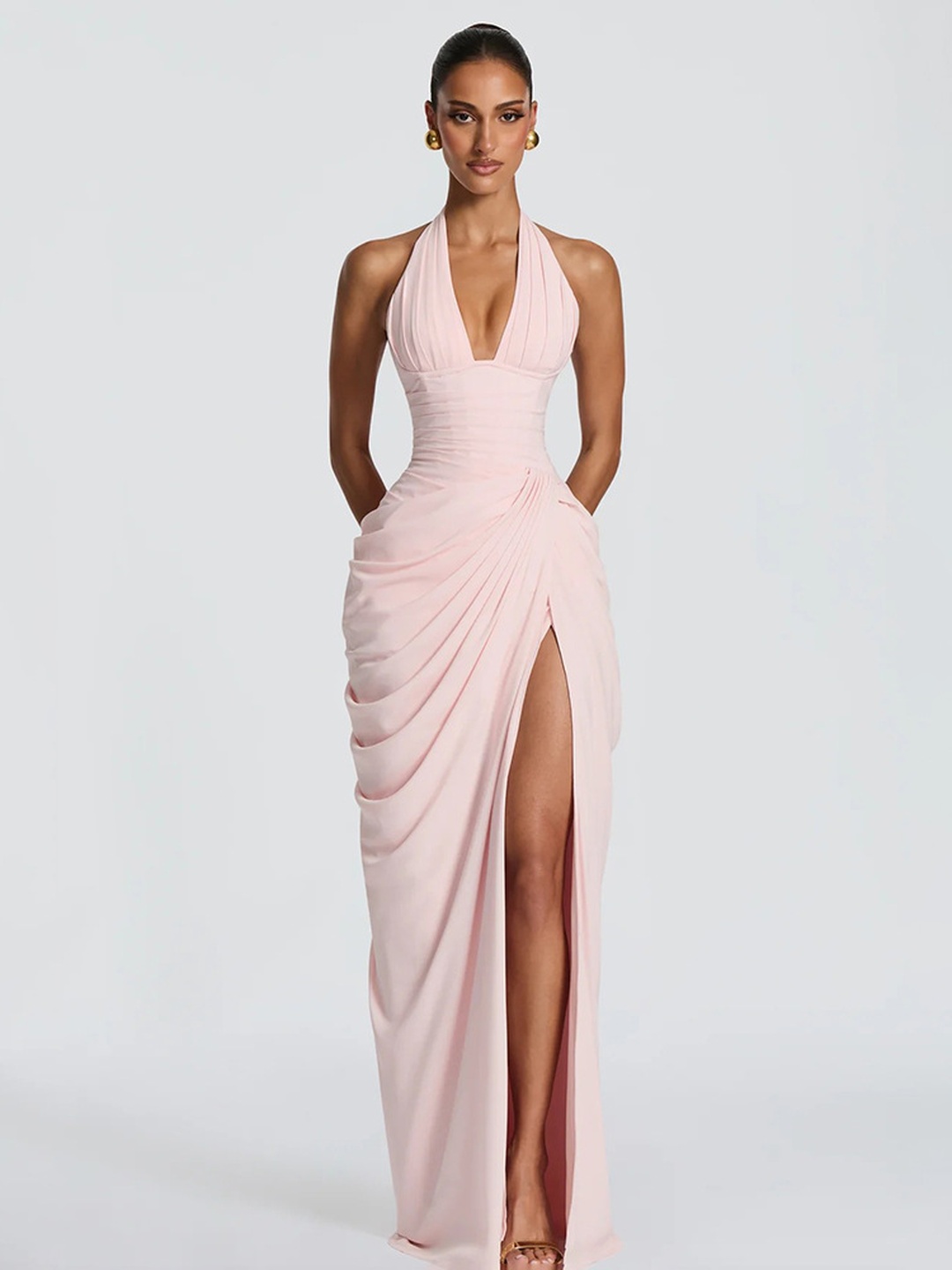 Light Pink Halter Neck Maxi Dress with High Slit