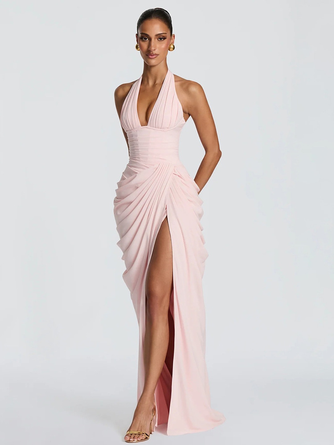 Light Pink Halter Neck Maxi Dress with High Slit