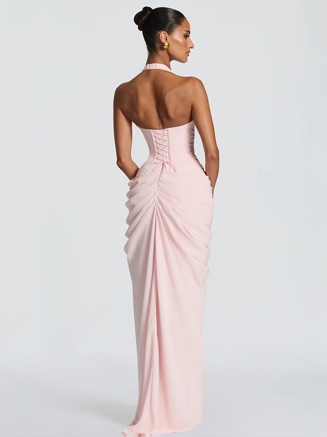 Light Pink Halter Neck Maxi Dress with High Slit