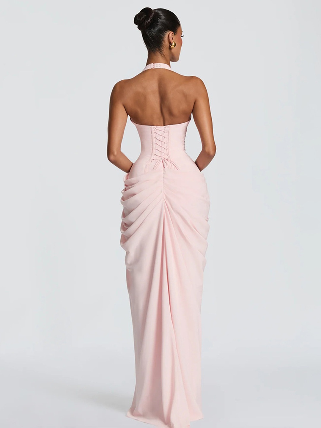 Light Pink Halter Neck Maxi Dress with High Slit