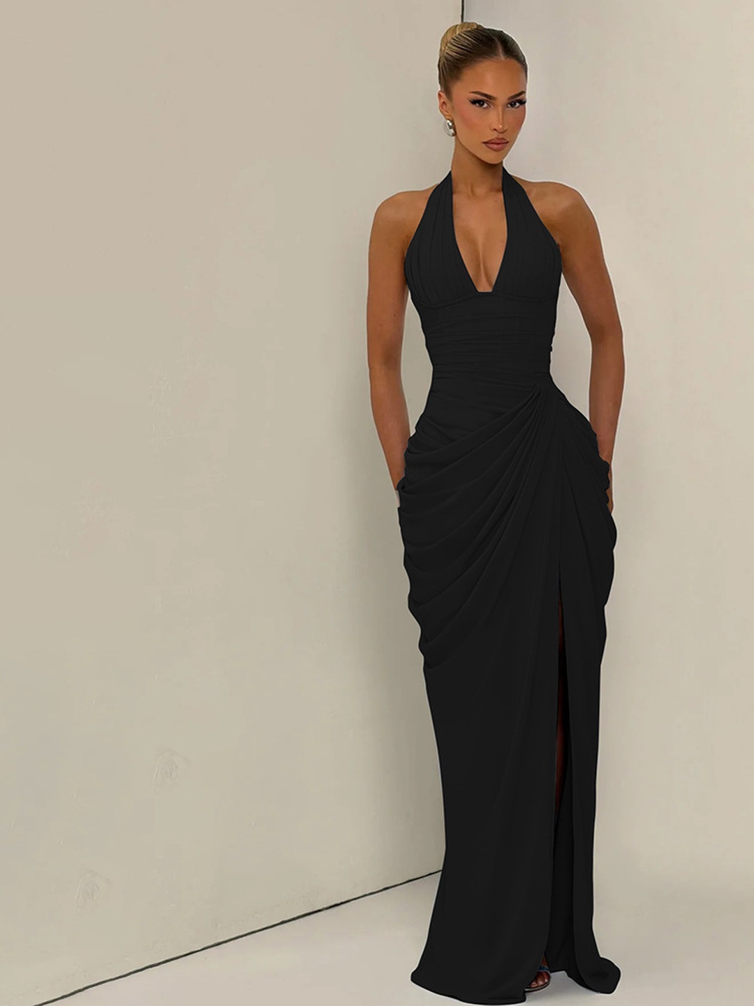 Black Sleeveless Bodycon Maxi Dress with Halter Neck and Slit