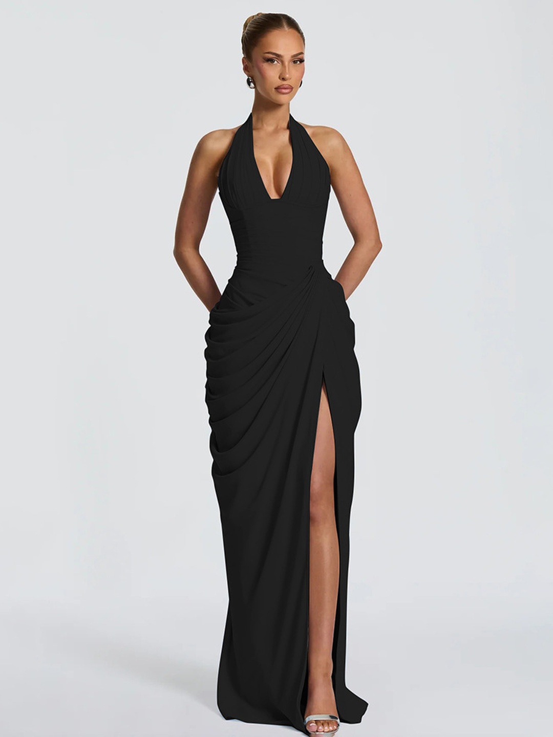 Black Sleeveless Bodycon Maxi Dress with Halter Neck and Slit