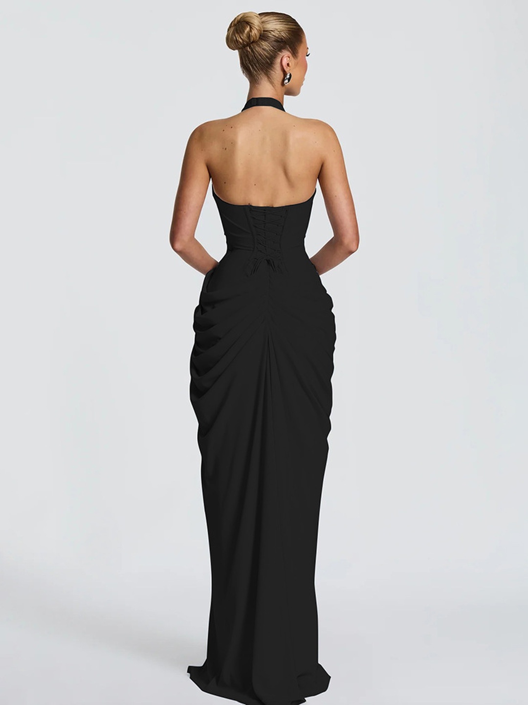Black Sleeveless Bodycon Maxi Dress with Halter Neck and Slit
