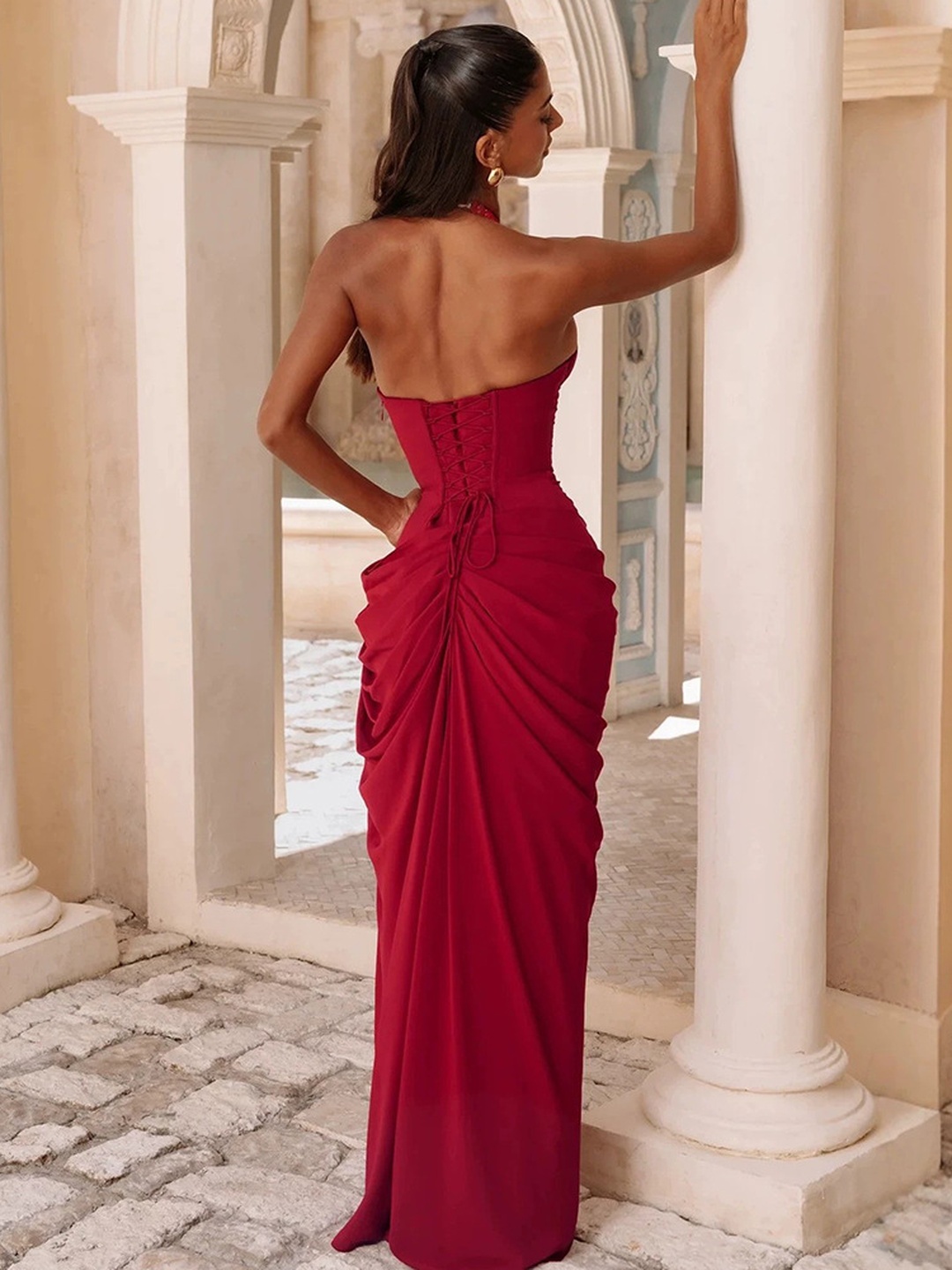 Red Halter Neck Bodycon Maxi Dress