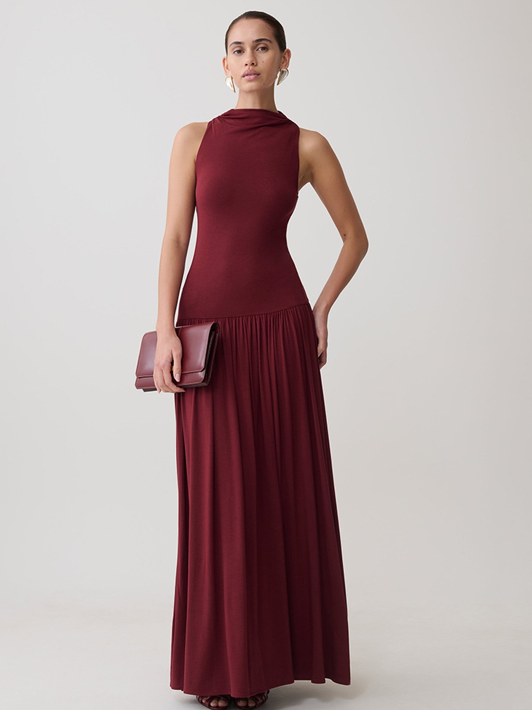 Red Sleeveless Maxi Dress with Pleated Skirt