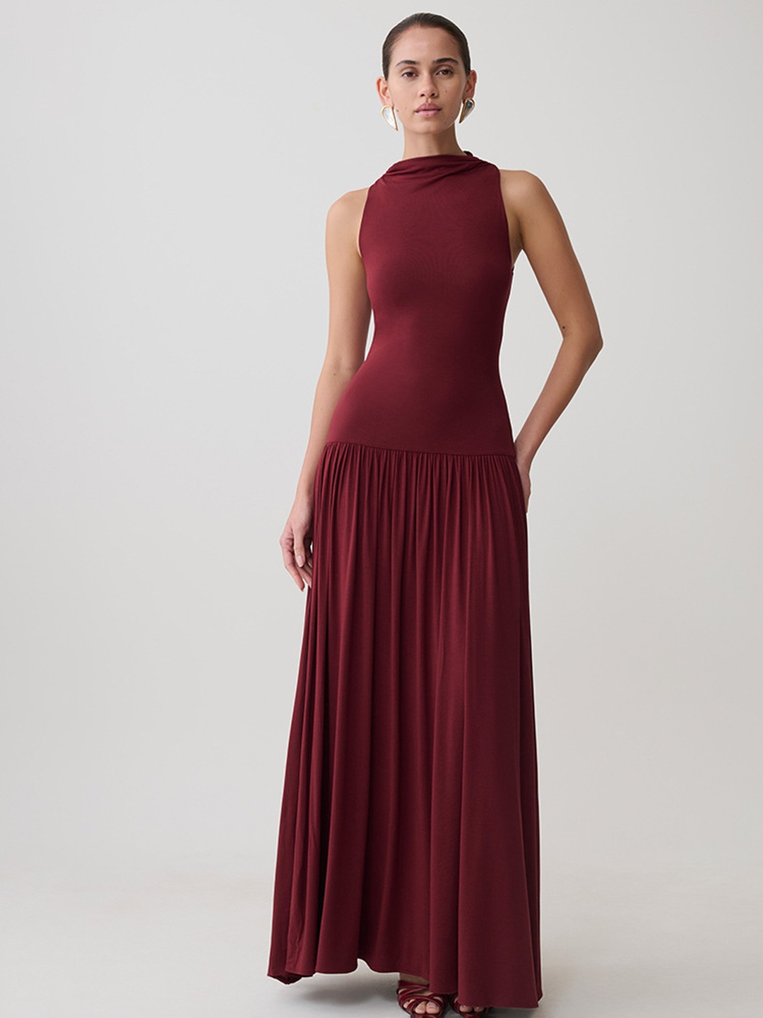 Red Sleeveless Maxi Dress with Pleated Skirt