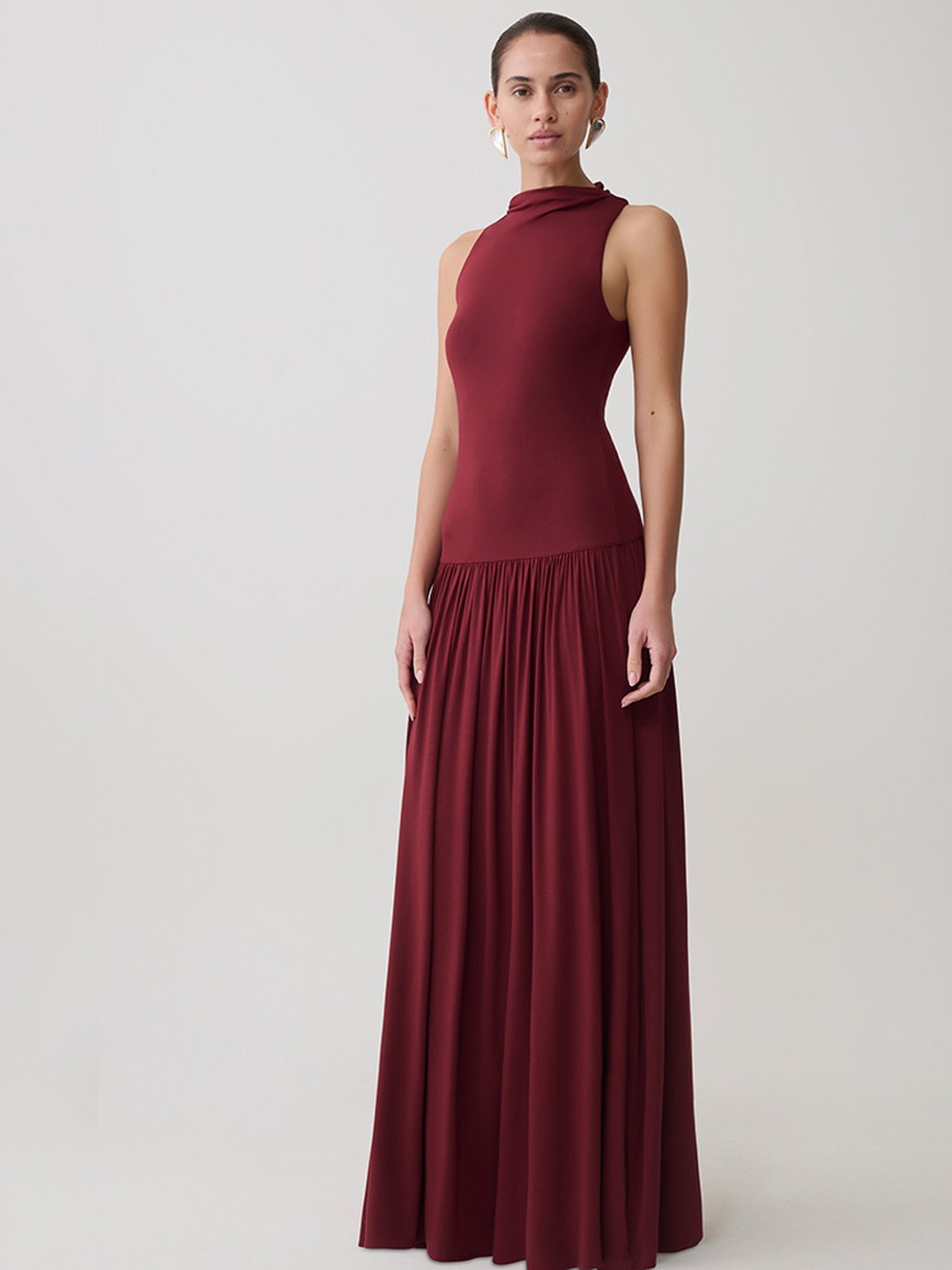 Red Sleeveless Maxi Dress with Pleated Skirt