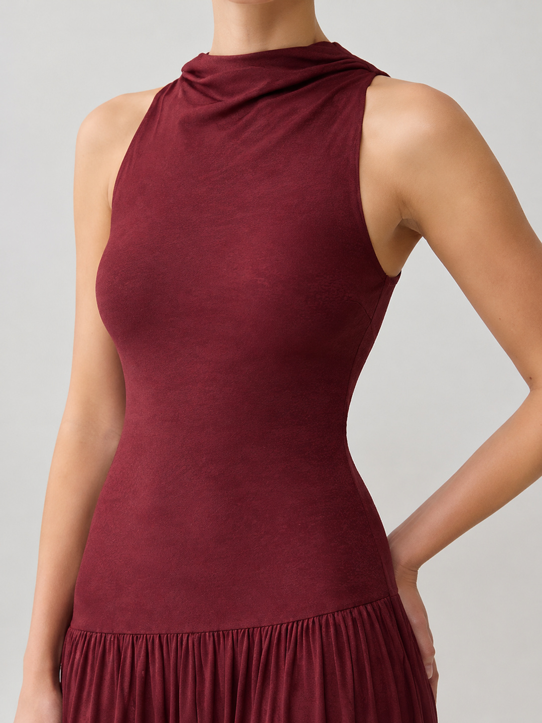Red Sleeveless Maxi Dress with Pleated Skirt