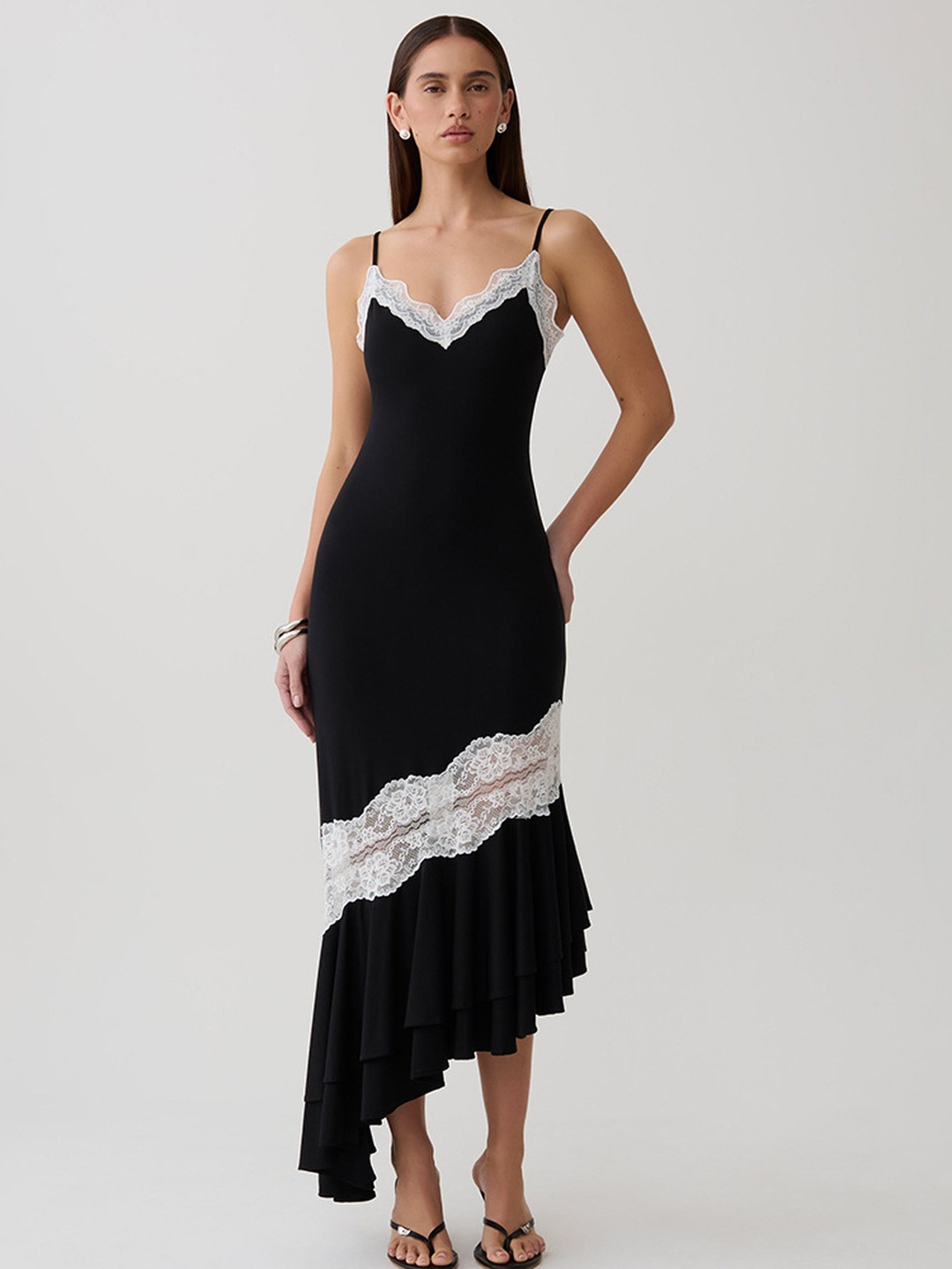 Black Lace Trim Midi Slip Dress