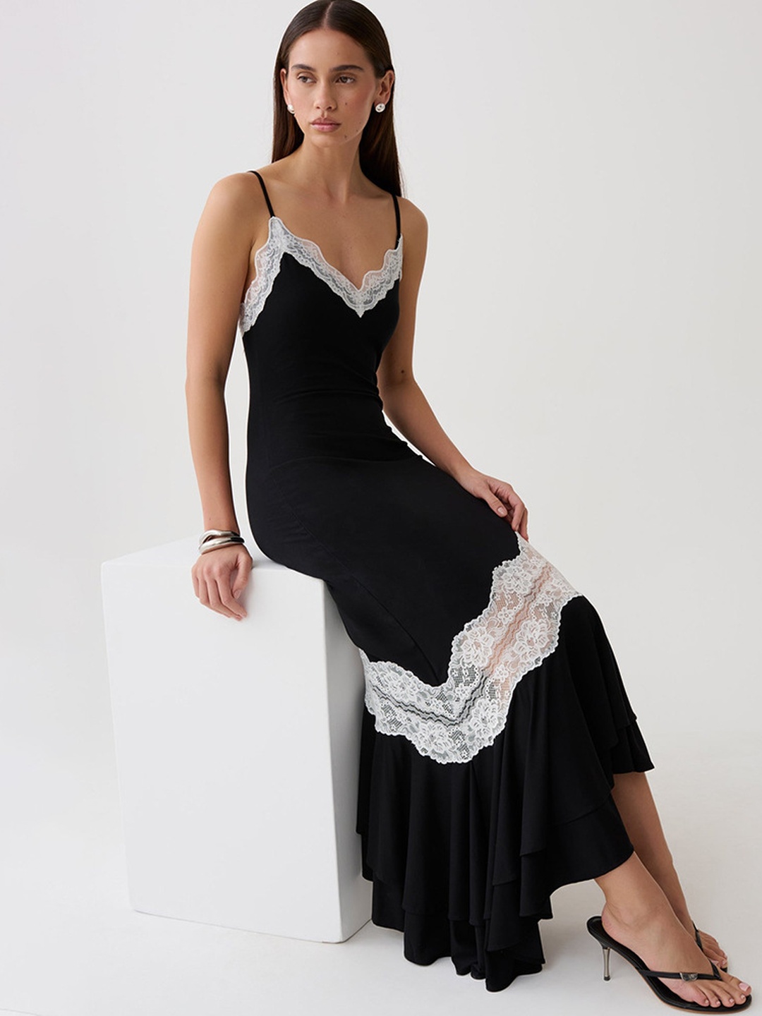 Black Lace Trim Midi Slip Dress