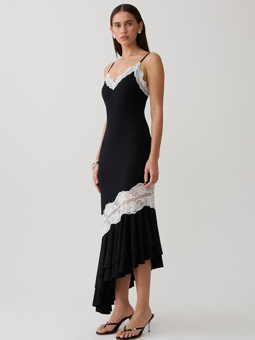 Black Lace Trim Midi Slip Dress