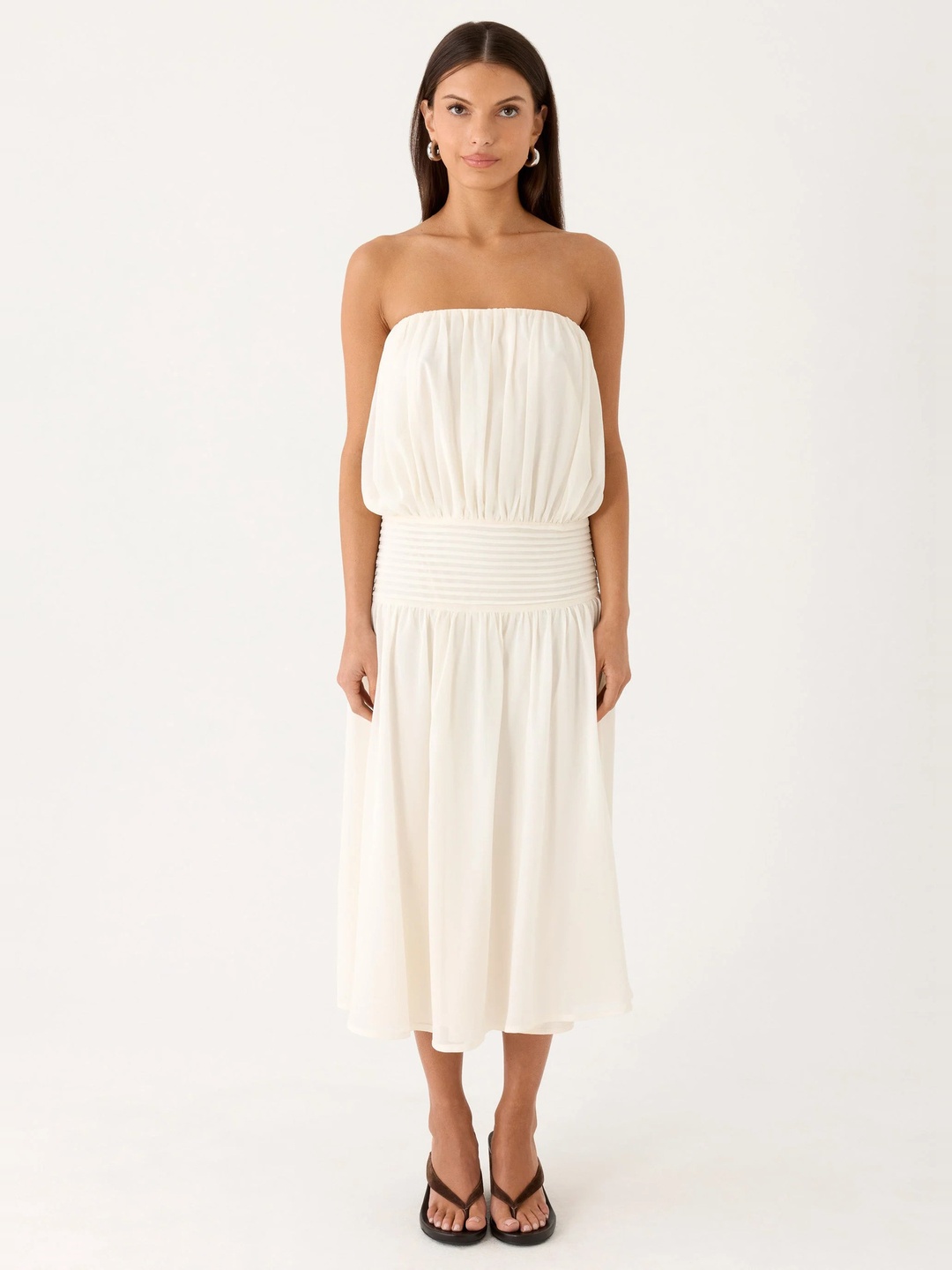 White Strapless A-Line Midi Dress