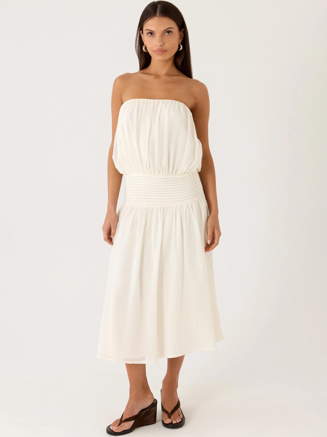 White Strapless A-Line Midi Dress