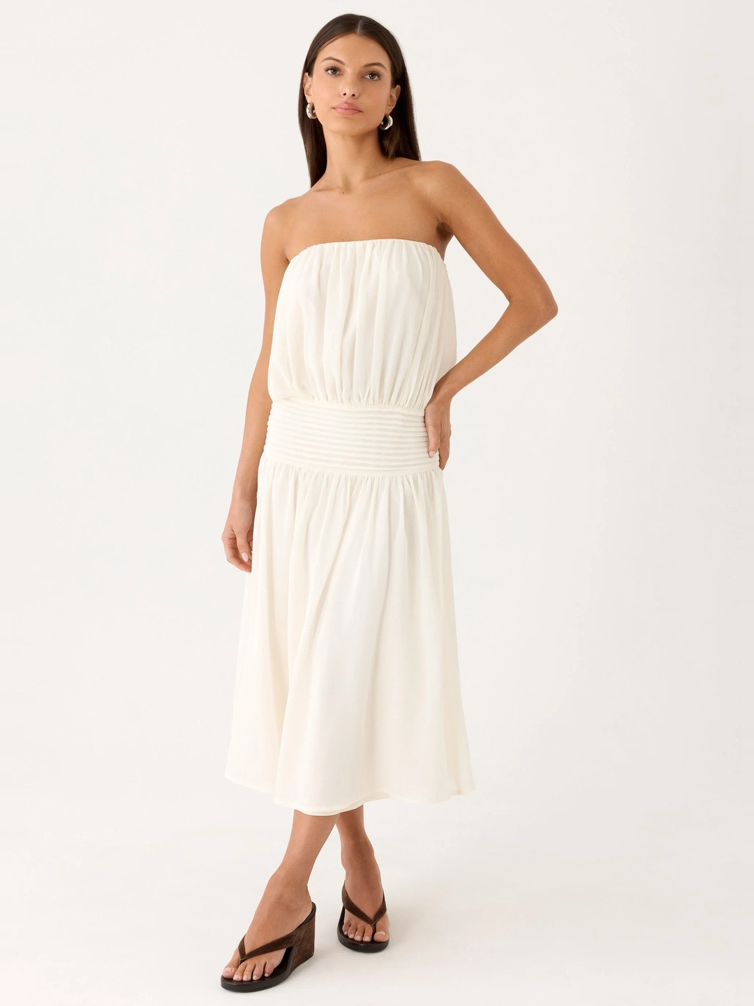 White Strapless A-Line Midi Dress