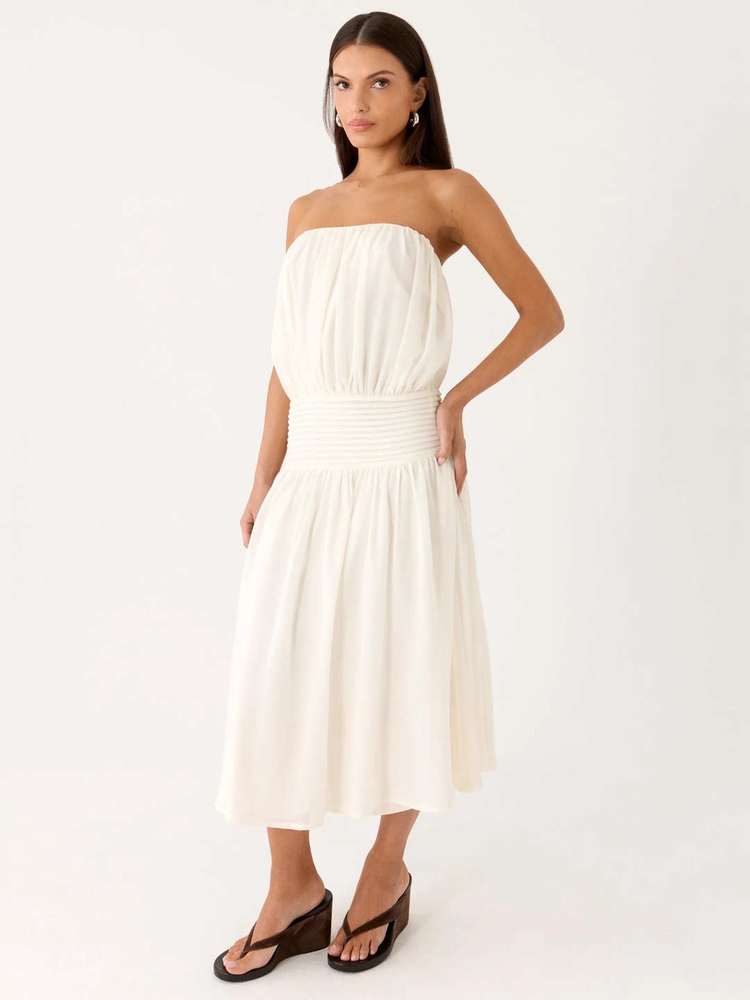 White Strapless A-Line Midi Dress