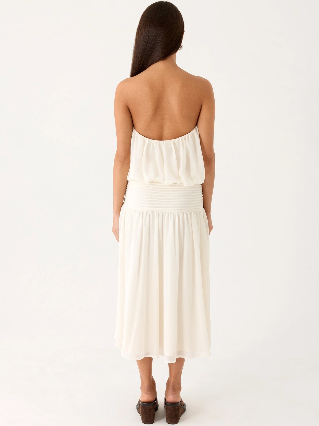 White Strapless A-Line Midi Dress