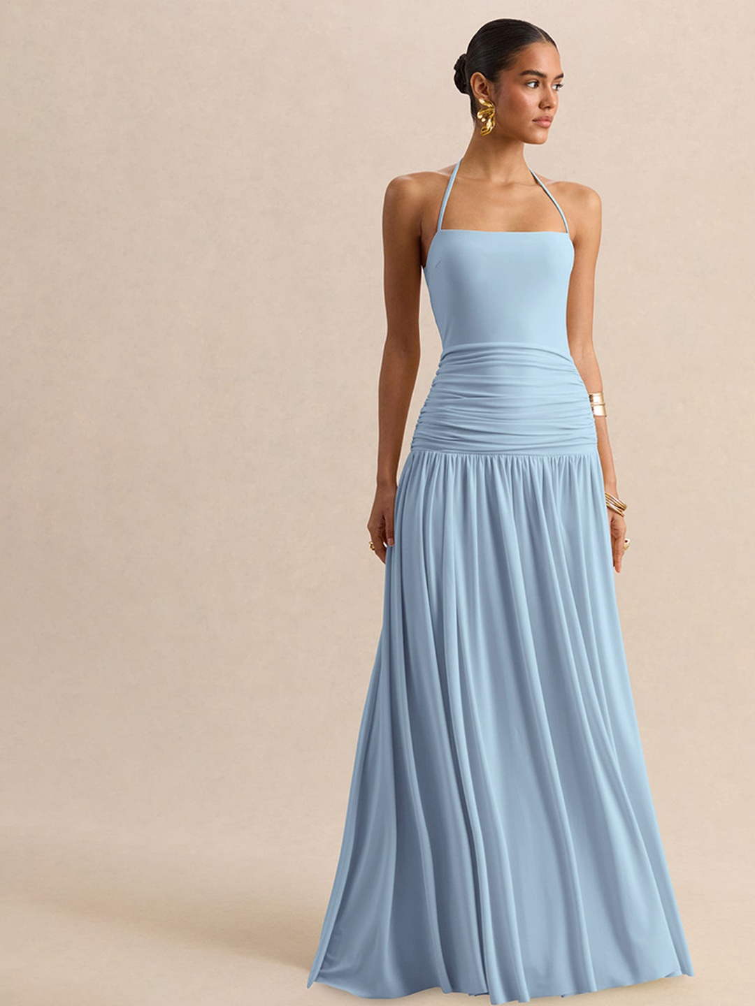 Light Blue A-Line Maxi Dress with Halter Neck and Ruched Waist