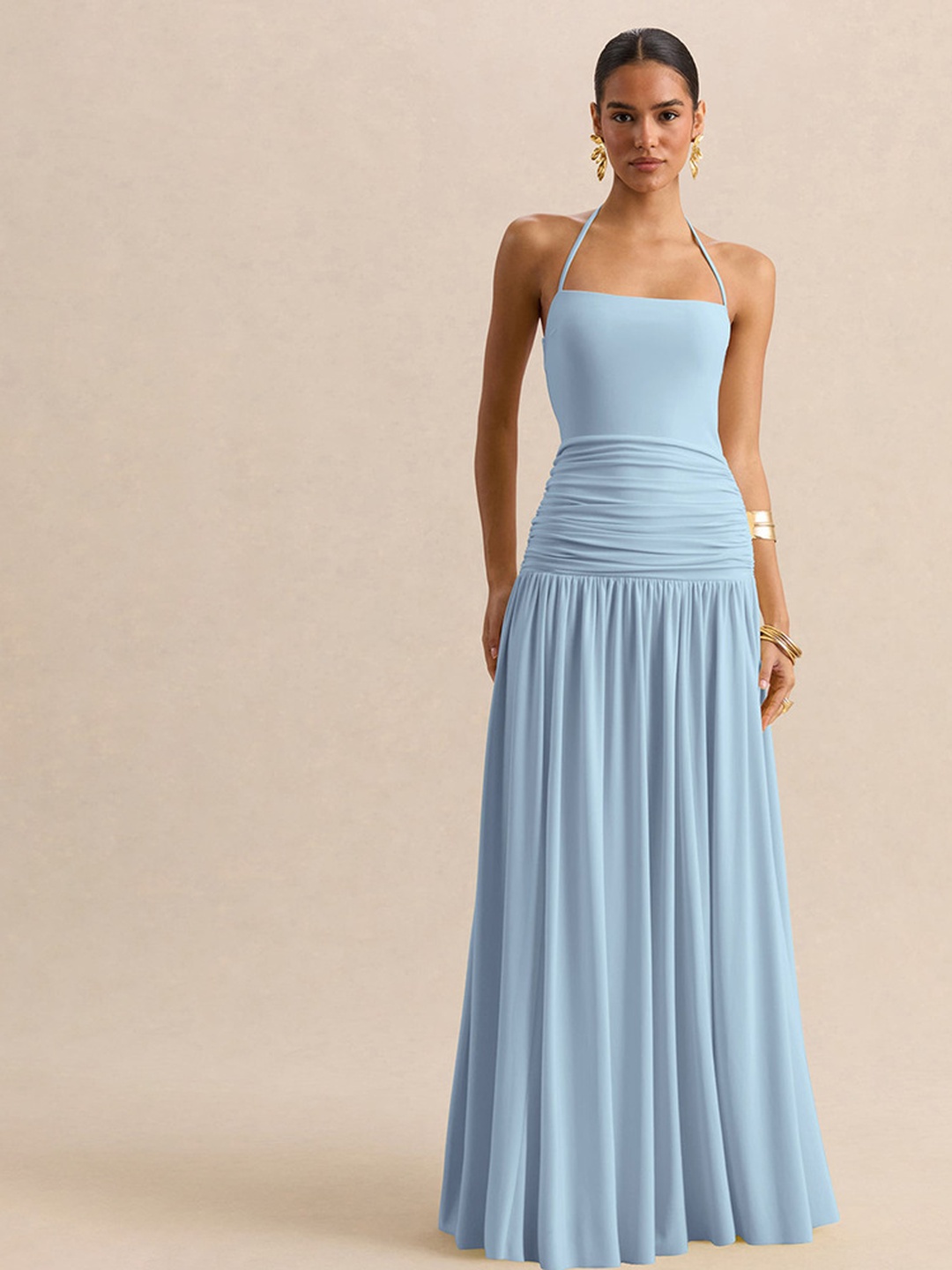 Light Blue A-Line Maxi Dress with Halter Neck and Ruched Waist