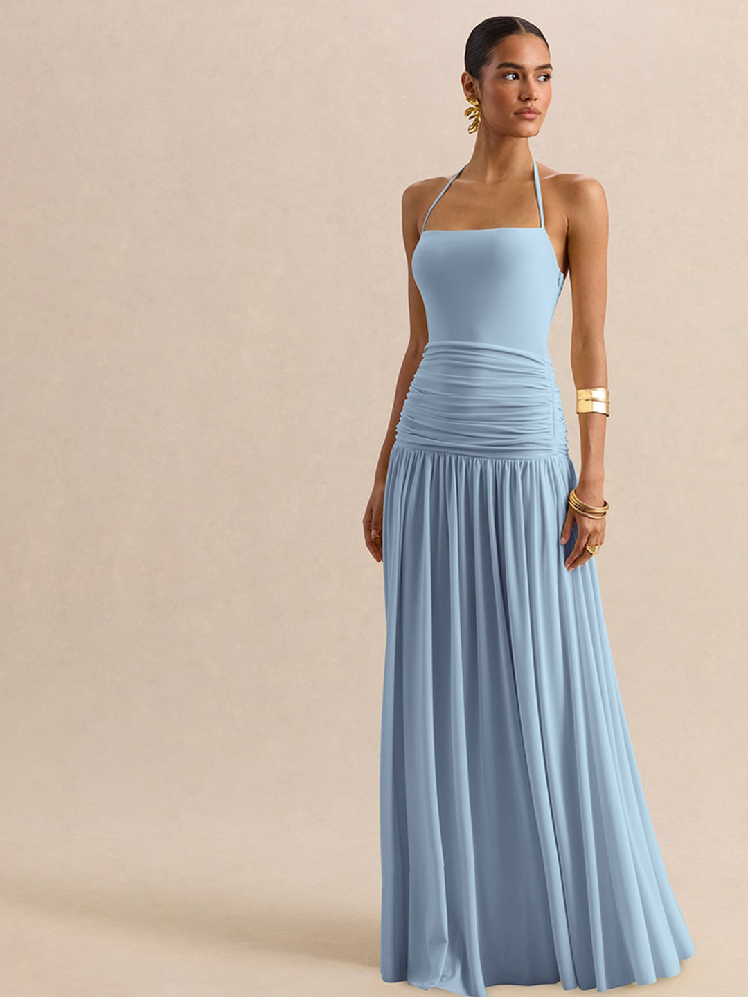 Light Blue A-Line Maxi Dress with Halter Neck and Ruched Waist