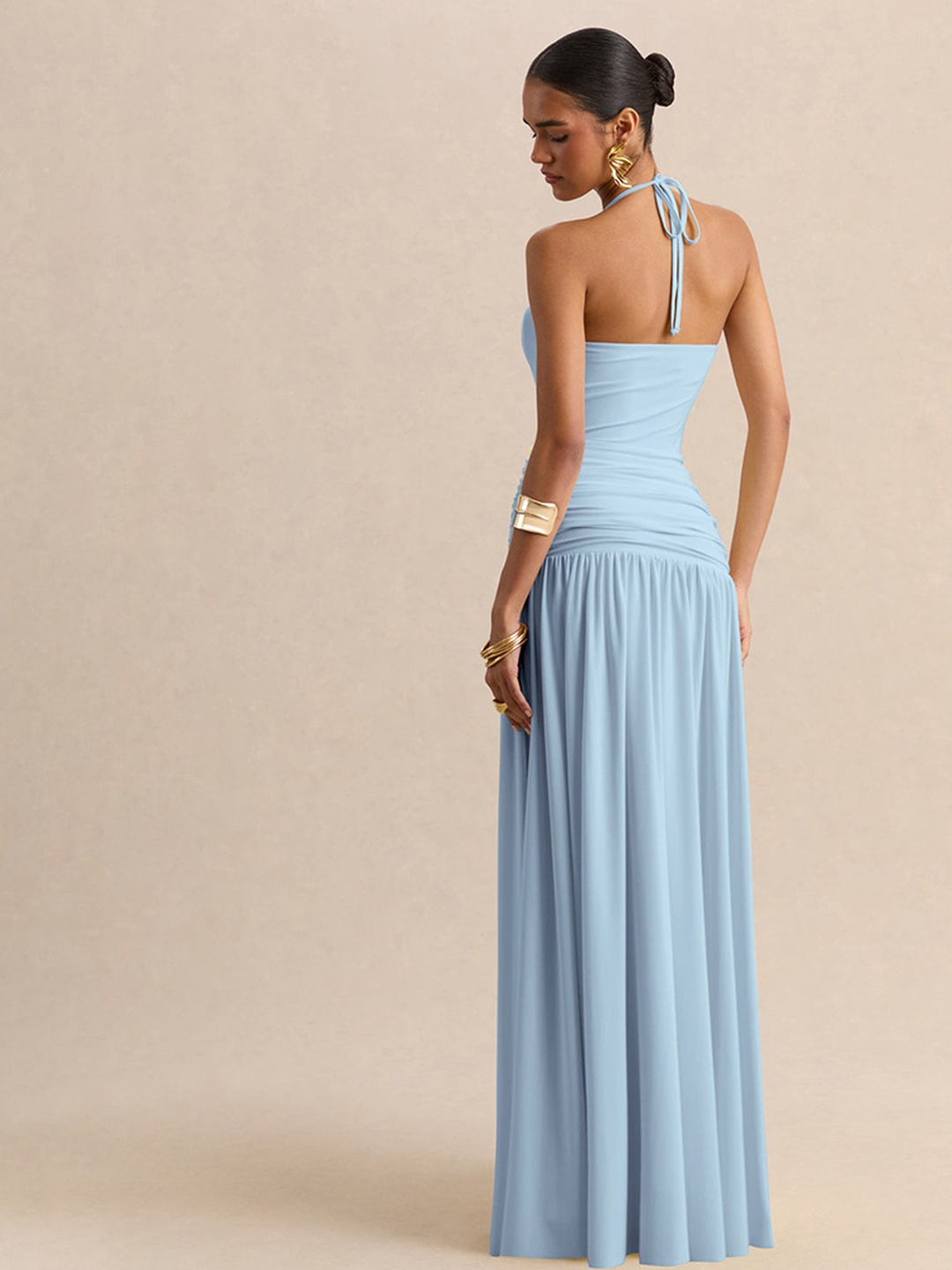 Light Blue A-Line Maxi Dress with Halter Neck and Ruched Waist