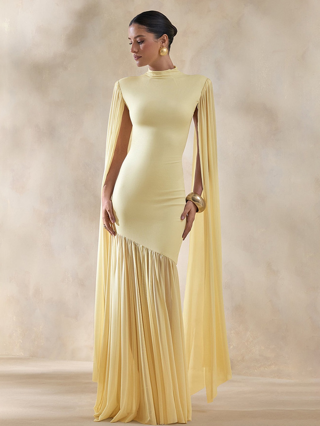 Yellow Maxi Evening Dress with Cape Sleeves