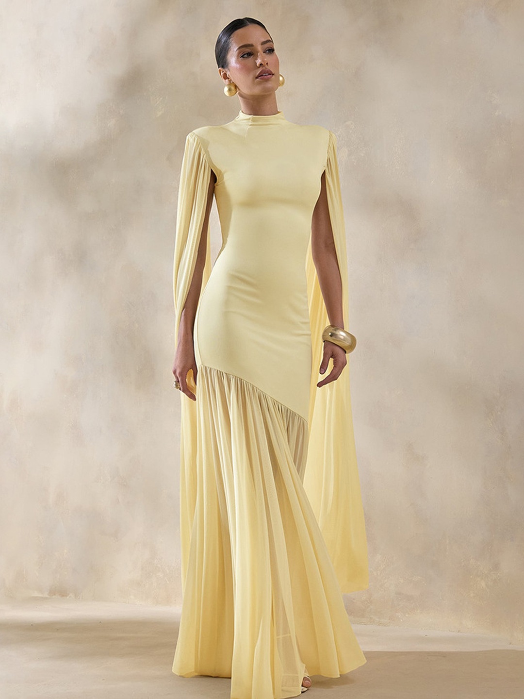 Yellow Maxi Evening Dress with Cape Sleeves