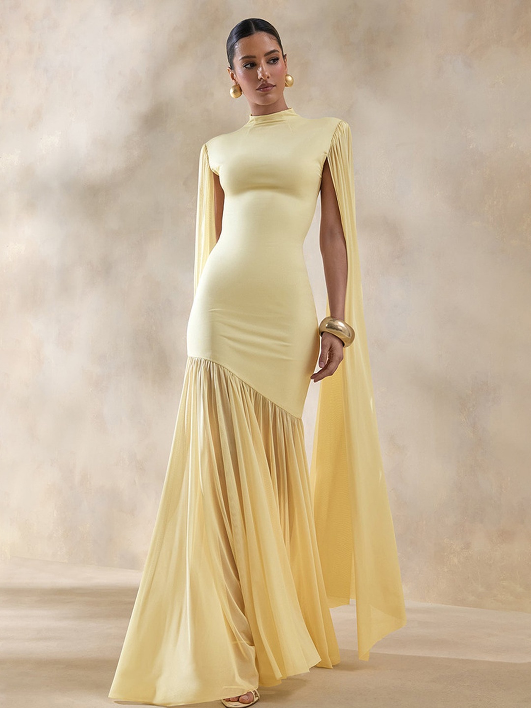 Yellow Maxi Evening Dress with Cape Sleeves