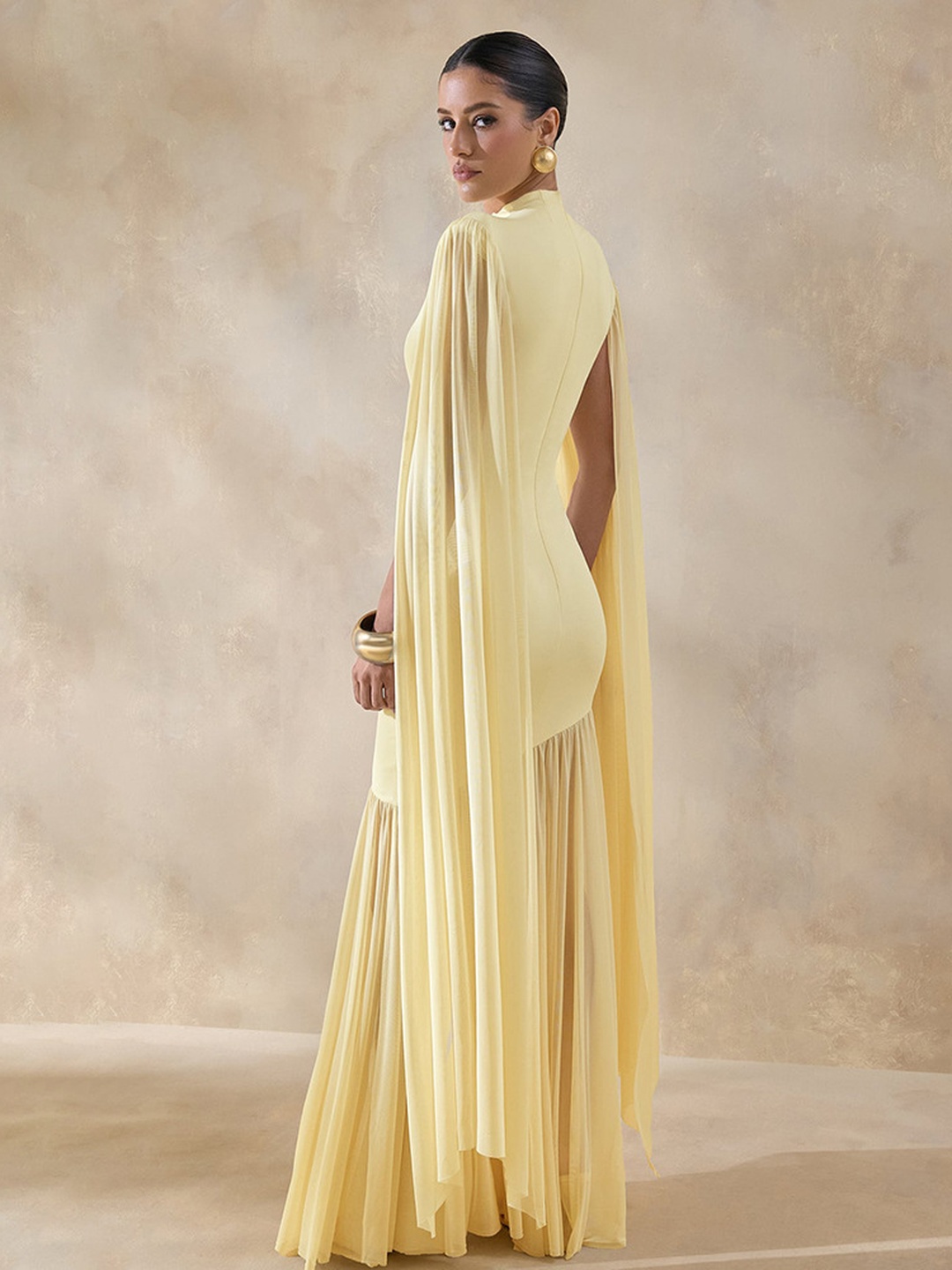 Yellow Maxi Evening Dress with Cape Sleeves