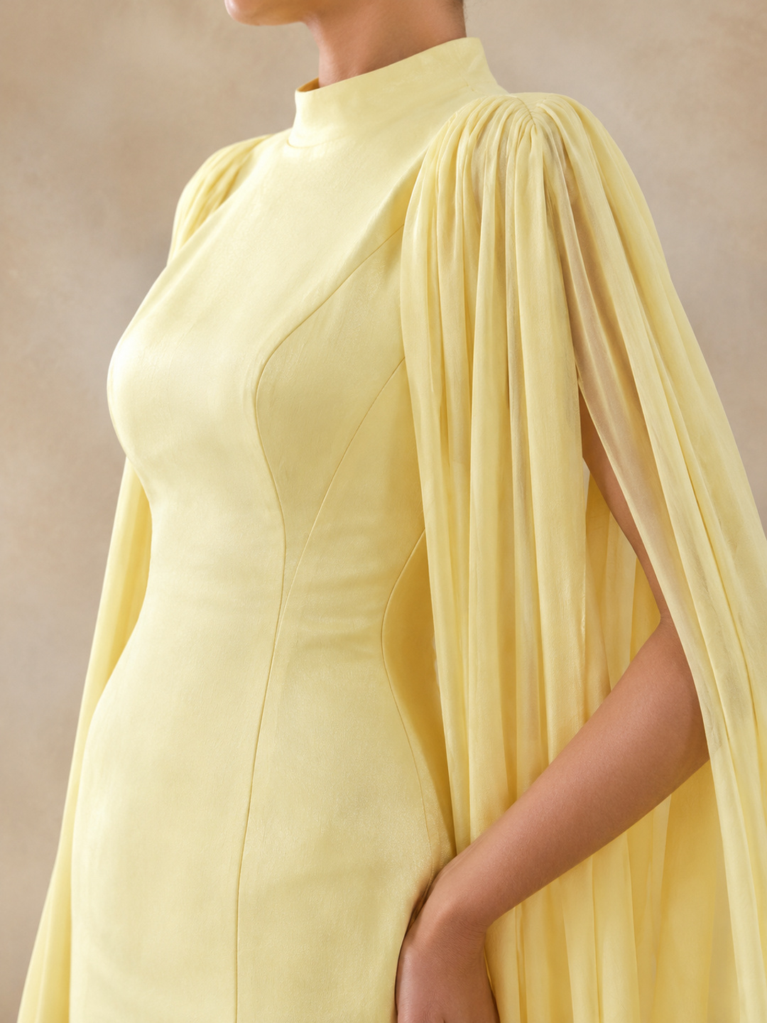 Yellow Maxi Evening Dress with Cape Sleeves