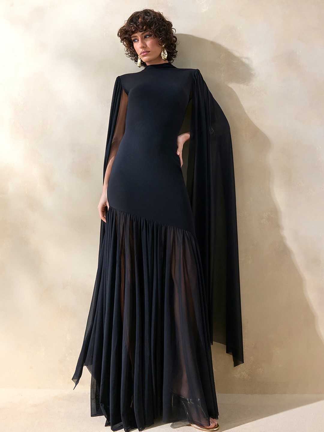 Black Maxi Dress with Flowing Cape Sleeves