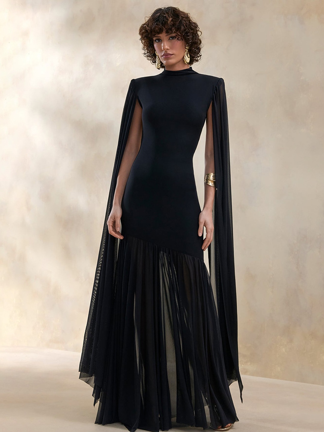 Black Maxi Dress with Flowing Cape Sleeves