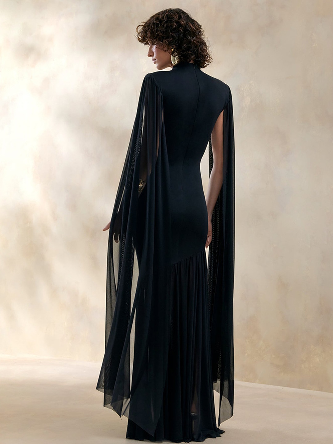 Black Maxi Dress with Flowing Cape Sleeves