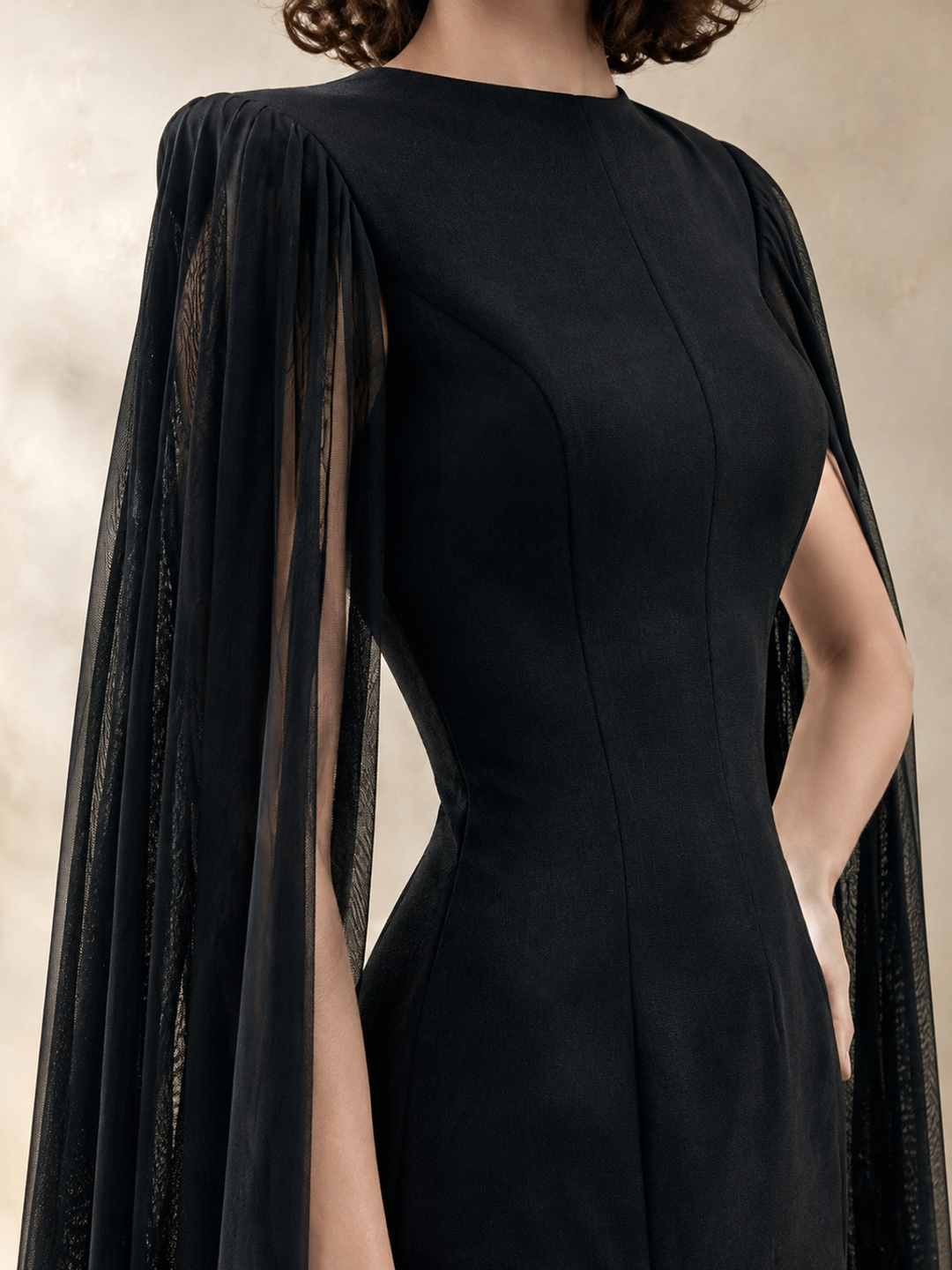 Black Maxi Dress with Flowing Cape Sleeves