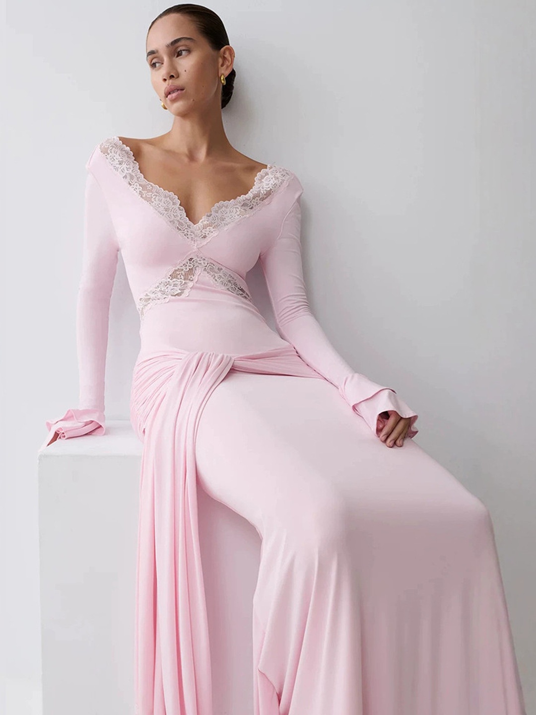 Light Pink Lace Maxi Dress with Long Sleeves