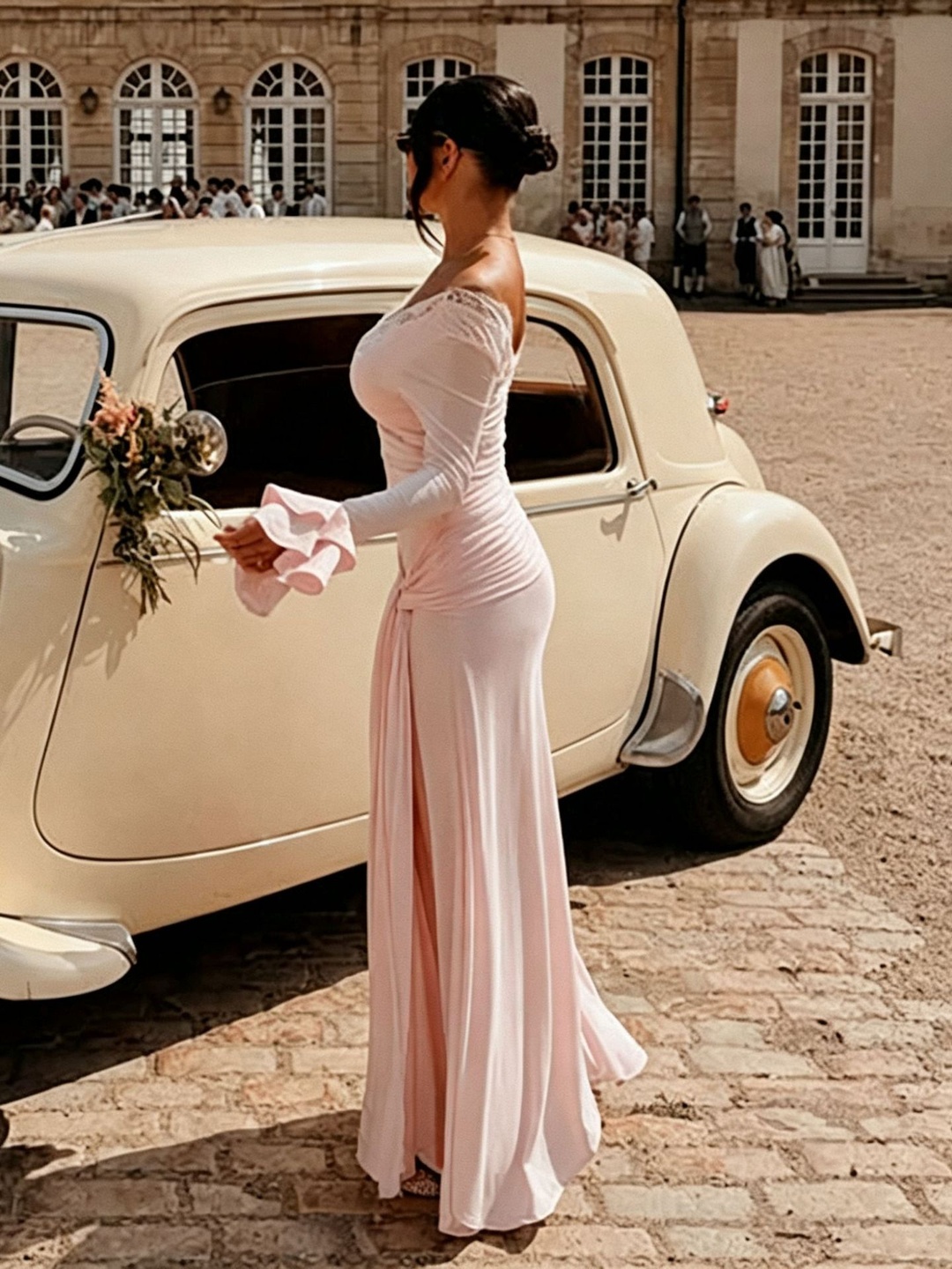 Light Pink Lace Maxi Dress with Long Sleeves