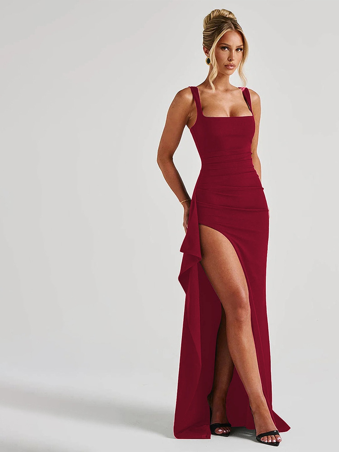 Burgundy Square Neck Bodycon Maxi Dress with High Slit