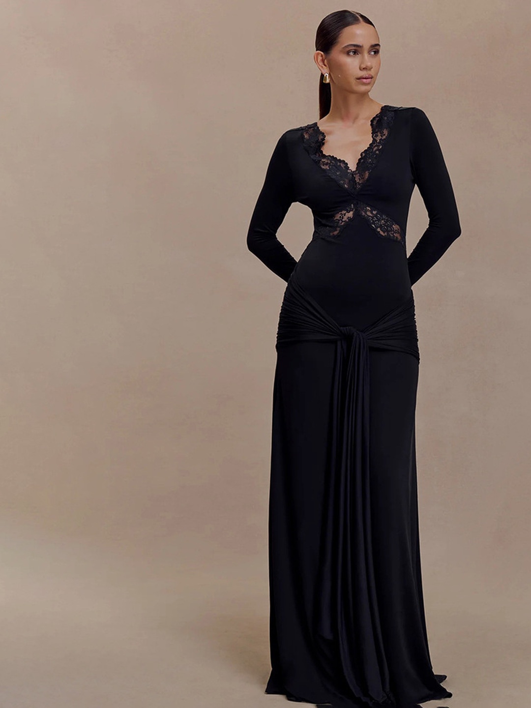 Black Lace Sheath Maxi Dress with Long Ruffle Sleeves